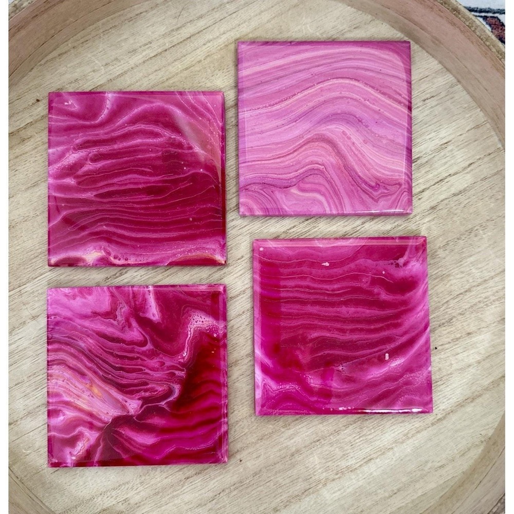 Acrylic Fluid Art Ceramic 4" Tile Cork Backed Coasters Bright Pink Mother's Day